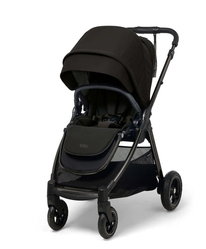 Dark pushchair stroller with canopy and padded seat, front view, black wheels and silver frame