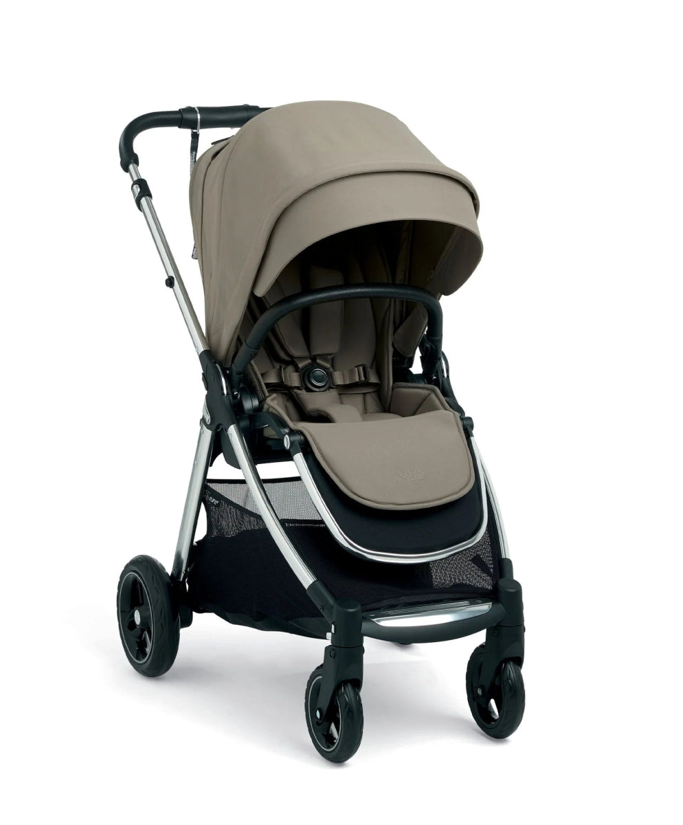Beige pushchair with dark frame, reclining seat and hood