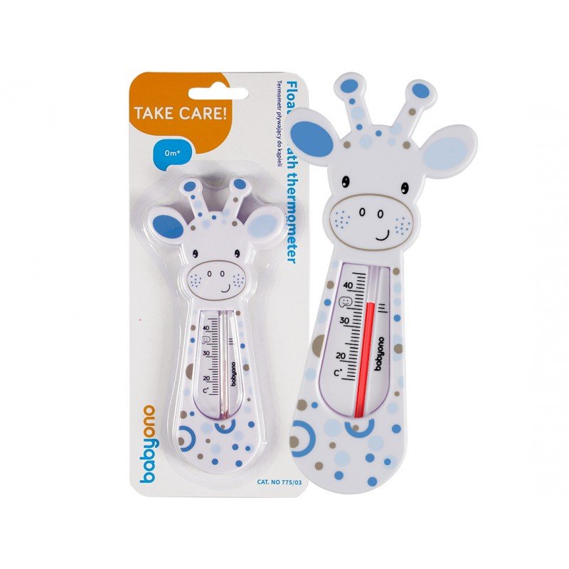 Giraffe floating bath thermometer in blister pack, light blue and white