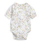 White floral short-sleeve baby bodysuit with gathered round neckline