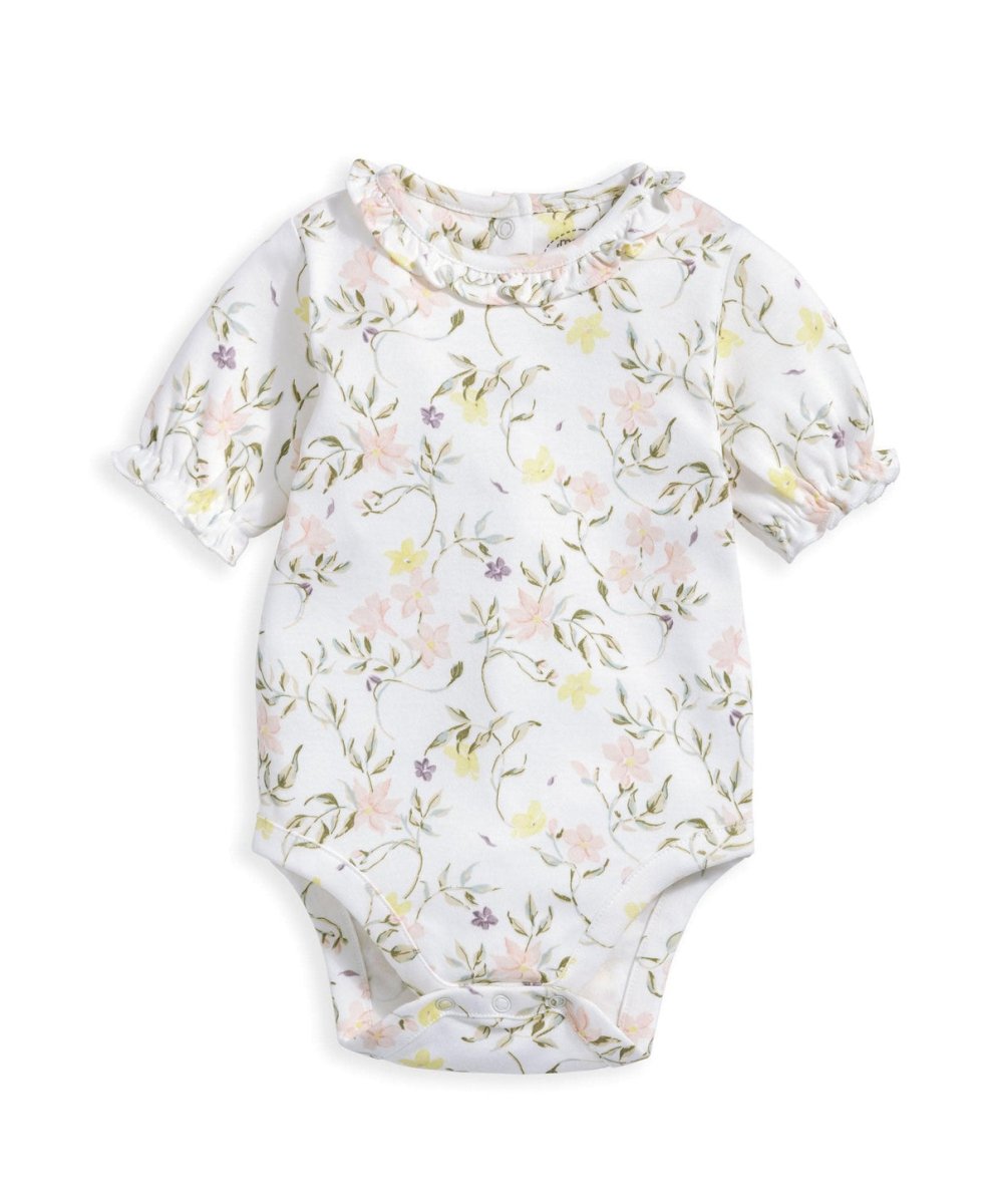 White floral short-sleeve baby bodysuit with gathered round neckline