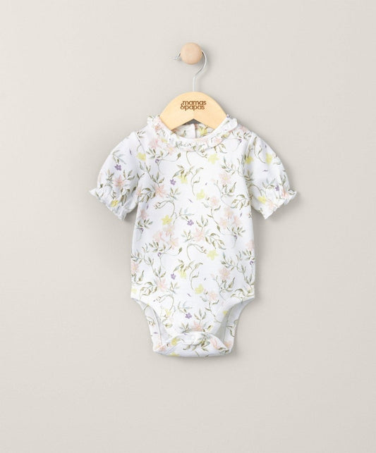 Floral short-sleeve baby bodysuit hanging, round neckline