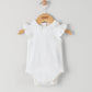 White baby bodysuit with ruffled collar and short flutter sleeves, snap crotch