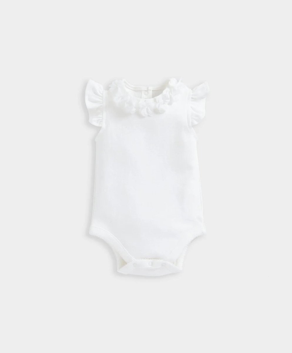White short-sleeve baby bodysuit with ruffled neckline and snap leg closure