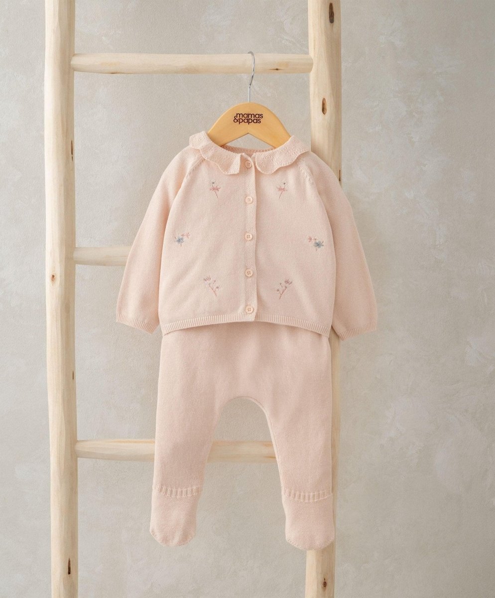 Floral embroidered knit 2-piece set: light pink cardigan top and matching pants