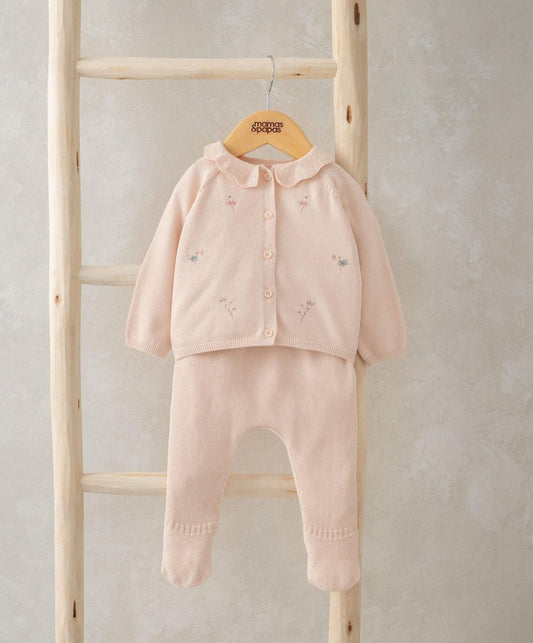 Floral embroidered knit 2-piece set: light pink cardigan top and matching pants
