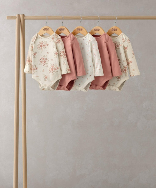 Long-sleeve floral bodysuits, five-pack on hangers in cream and pink shades