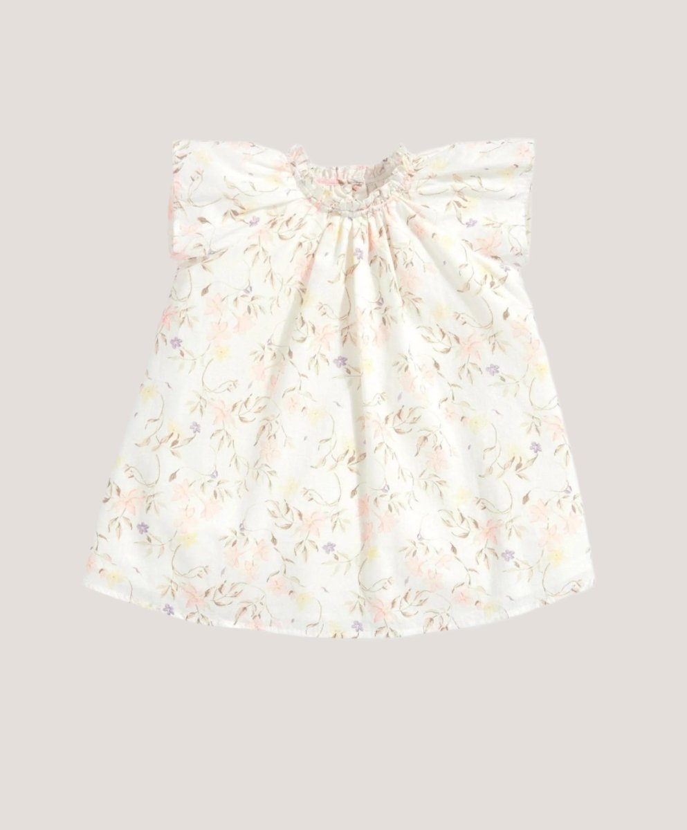 Floral print dress with elastic gathered neckline and short sleeves