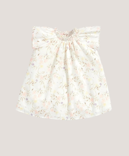 Floral print dress with elastic gathered neckline and short sleeves