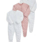 Three long-sleeve footed sleepsuits: blush floral, light floral, and solid white