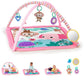 Pink safari activity gym with animal faces and leaf-and-flower graphics, arched play bar