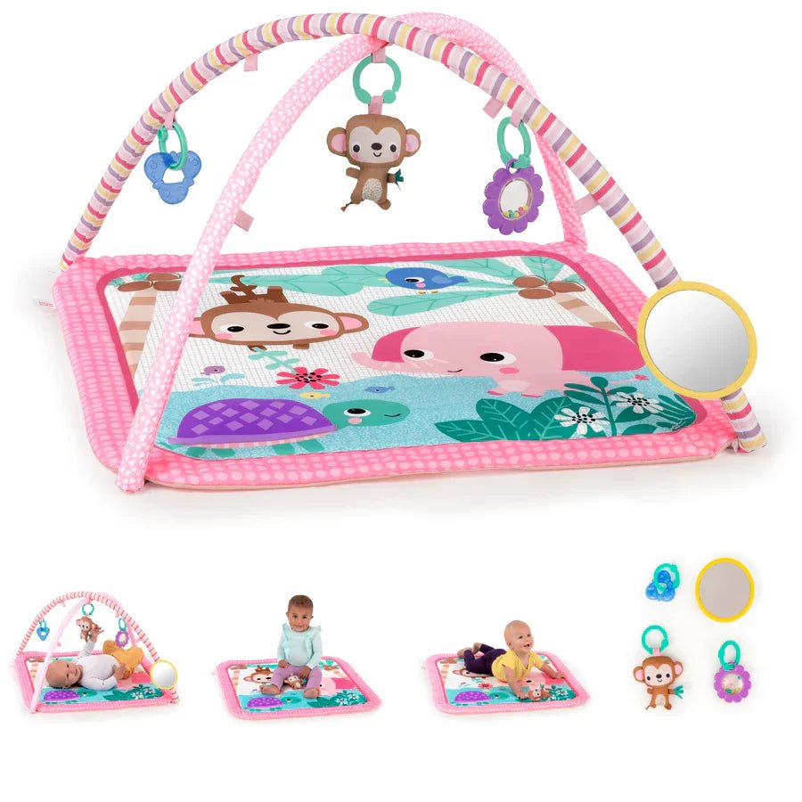 Pink safari activity gym with animal faces and leaf-and-flower graphics, arched play bar