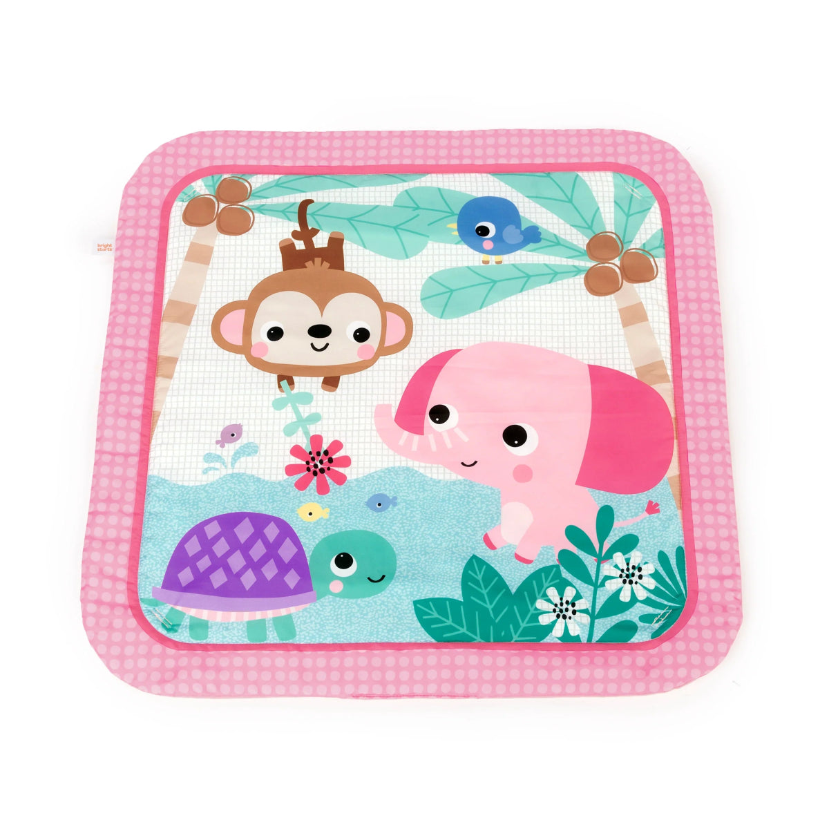 Pink-framed animal play mat panel with monkey, elephant, whale and flower shapes