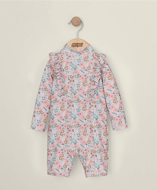 Floral rashsuit with long sleeves, high neck, light blue and pink flower print