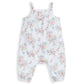 Floral baby romper with shoulder straps and elastic pant cuffs