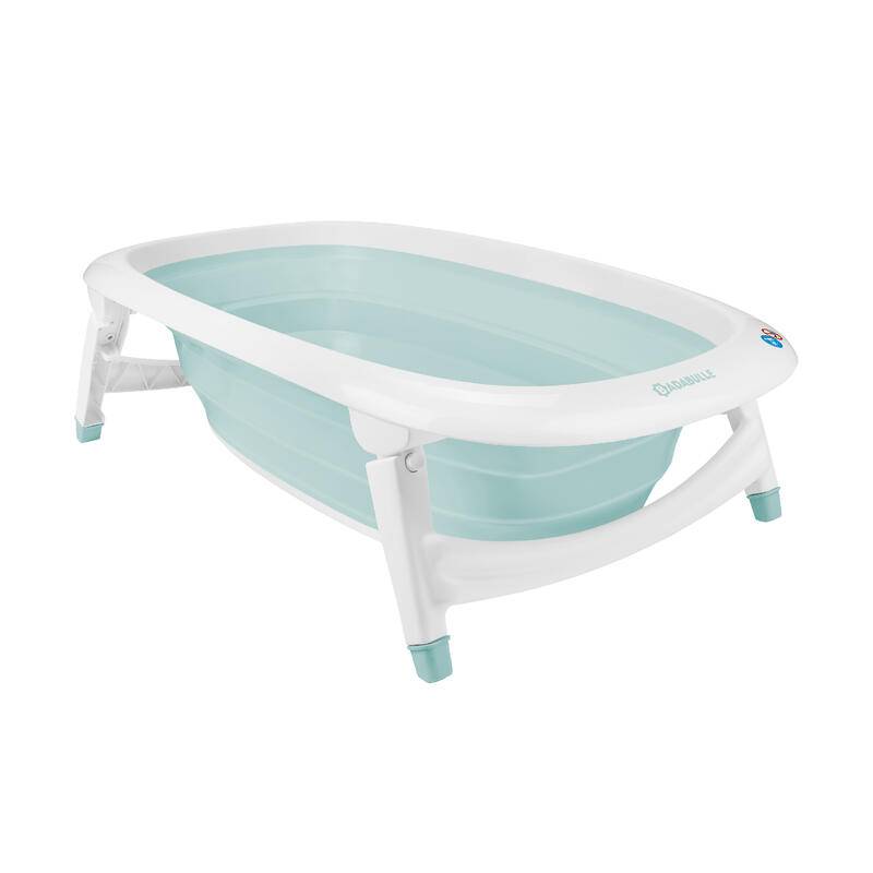 Foldable baby bathtub with light blue basin and white frame, with 4 support legs