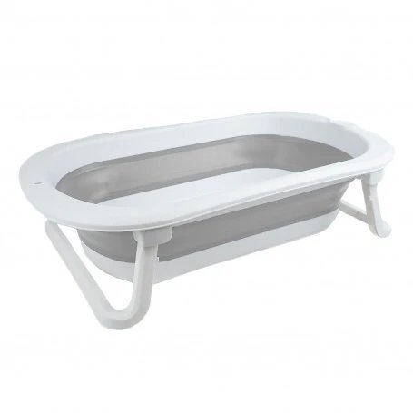 White foldable bath tub with gray interior and legs, wide open