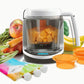 Food maker with clear blending jar and orange cone, plus included feeding accessories.