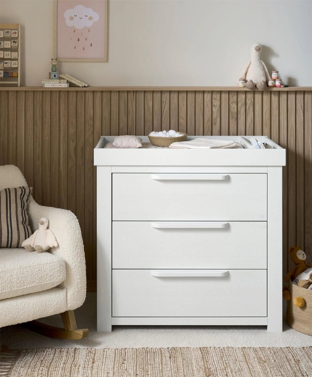 White wash dresser and changer with three drawers and open top
