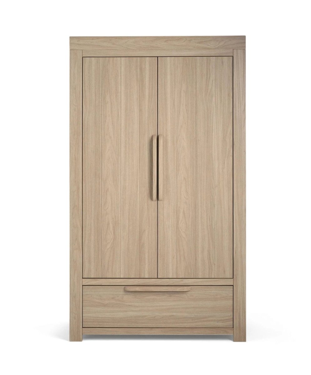 Oak wardrobe with two-panel doors, long metal handle, bottom drawer