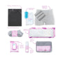 Postpartum recovery kit contents: dark nursing gown, socks, pads, wipes, foam, and liners