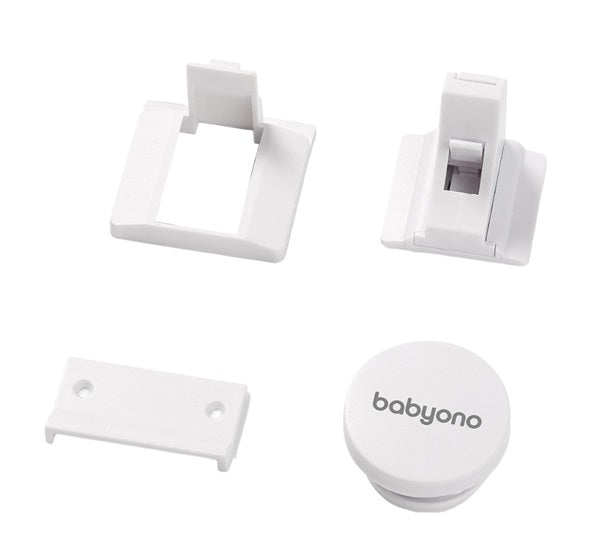 Magnetic furniture lock set with white plastic brackets and round disc, babyOno logo