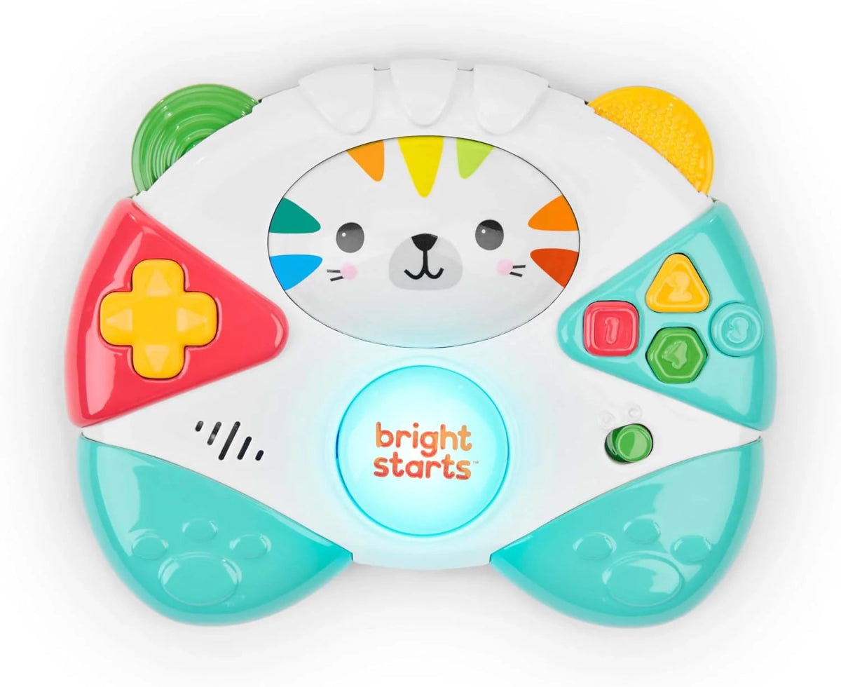 Baby game controller toy with tiger face, colorful buttons, and light center