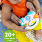 Baby hands holding tiger-faced game controller toy with buttons and glowing center