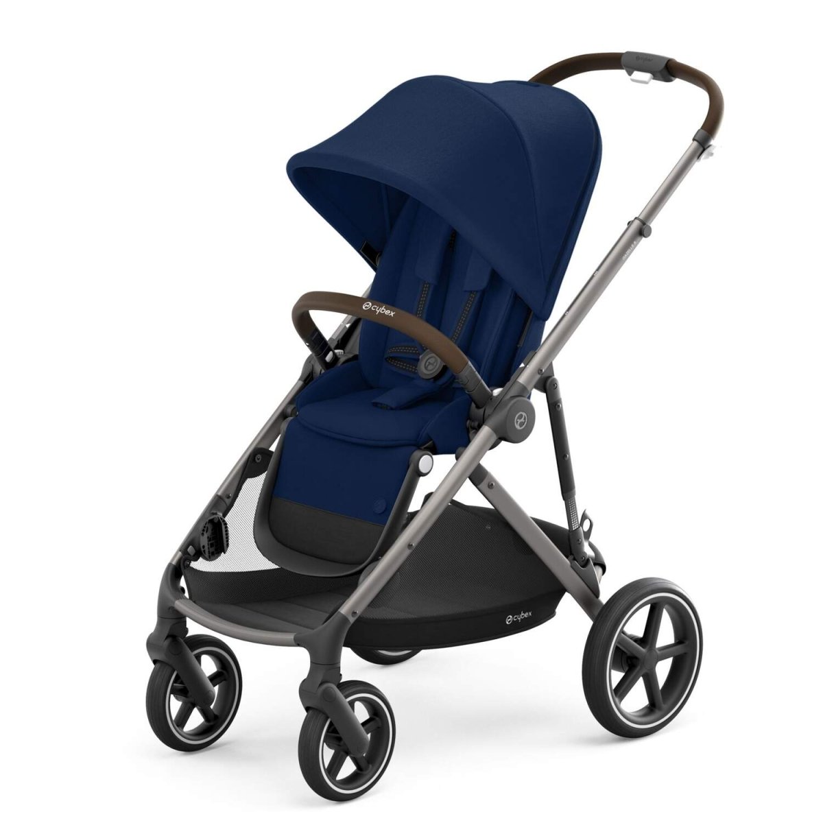Navy-blue stroller with canopy and padded seat, brown handle grips, gray frame