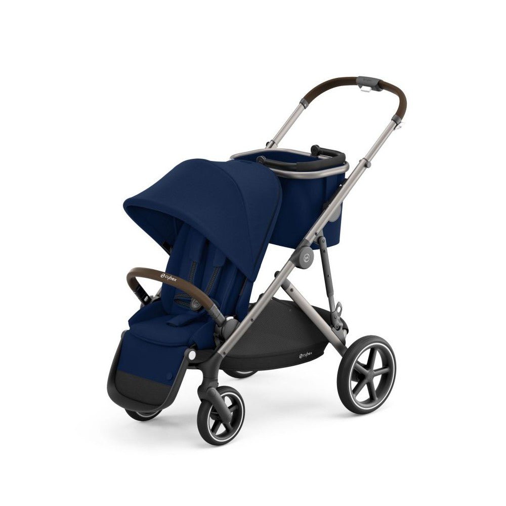 Navy-blue single stroller with padded seat, canopy, and black wheels
