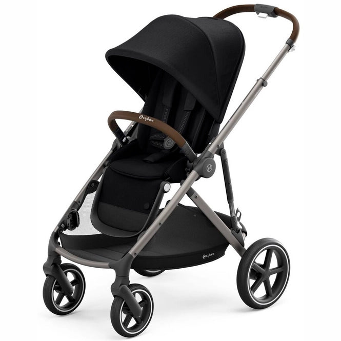 Black stroller with padded seat, hood, and five-point harness, front swivel wheels