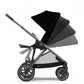 Black stroller with adjustable hood, multi-position seat, and front swivel wheels