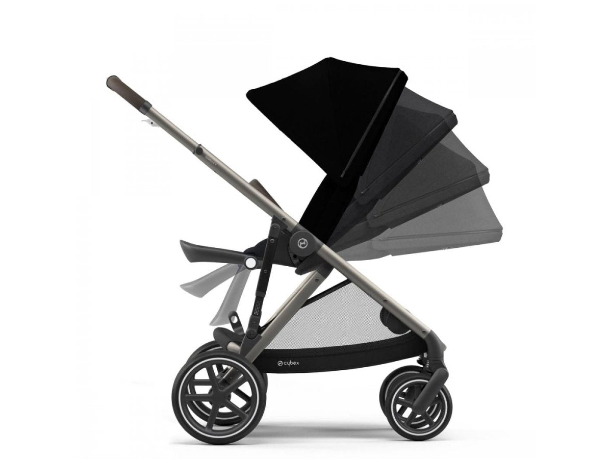 Black stroller with adjustable hood, multi-position seat, and front swivel wheels