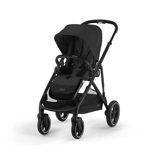Black reversible seat stroller with padded seat and canopy, front view