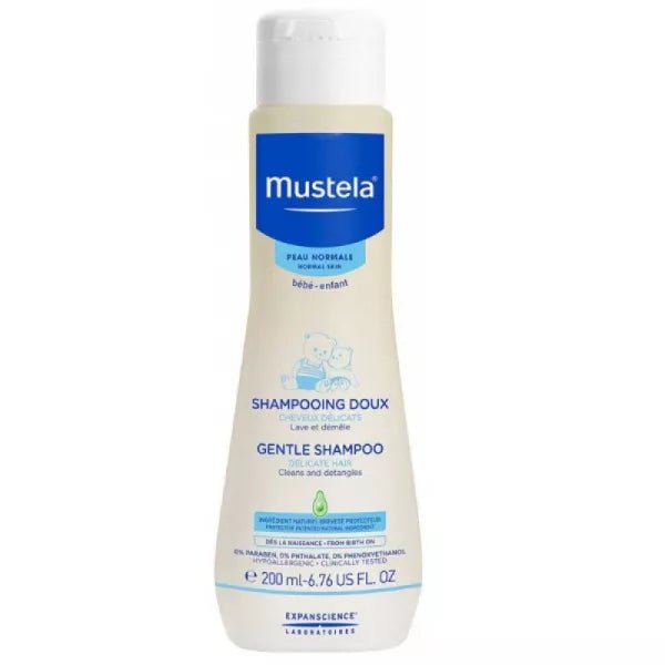 Gentle shampoo bottle, 200 ml, white with blue label and Mustela logo