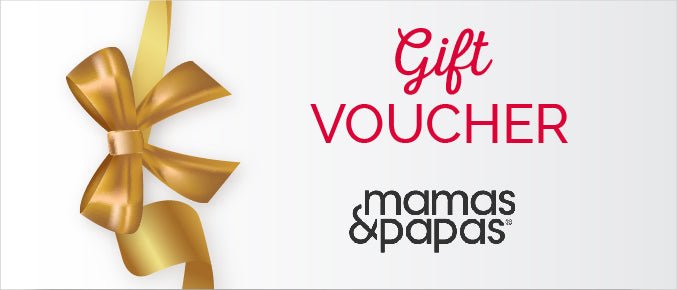 Gift voucher card with gold ribbon bow, text: Gift VOUCHER, mamas & papas