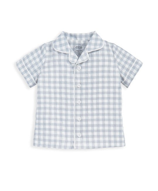 Light blue gingham pajama shirt with short sleeves and button placket