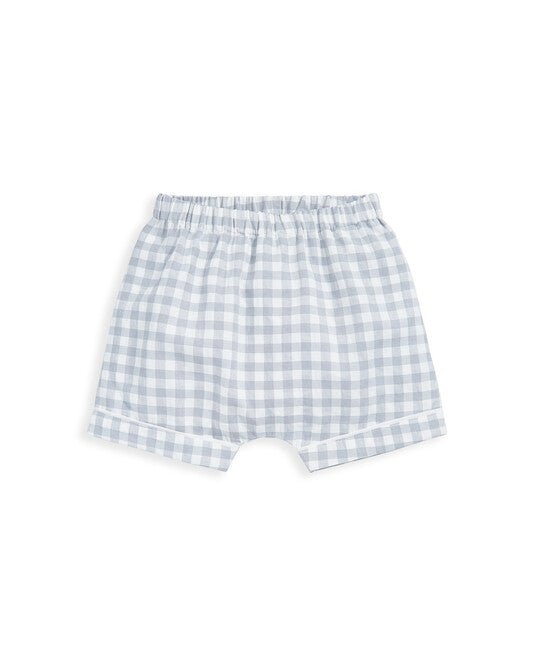 Light blue gingham pajama boxer shorts with elastic waistband