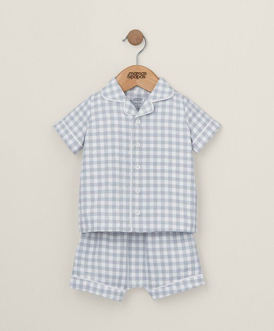 Light blue gingham short-sleeve pajama shirt and matching boxer shorts