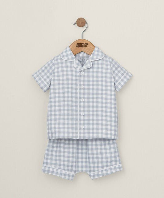 Light blue gingham short-sleeve pajama shirt and matching boxer shorts