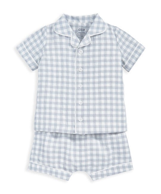 Light blue gingham short-sleeve pajama shirt with button front and collar