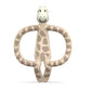 Giraffe anti-microbial teether in tan with dark spots, smiling giraffe with ring handles.
