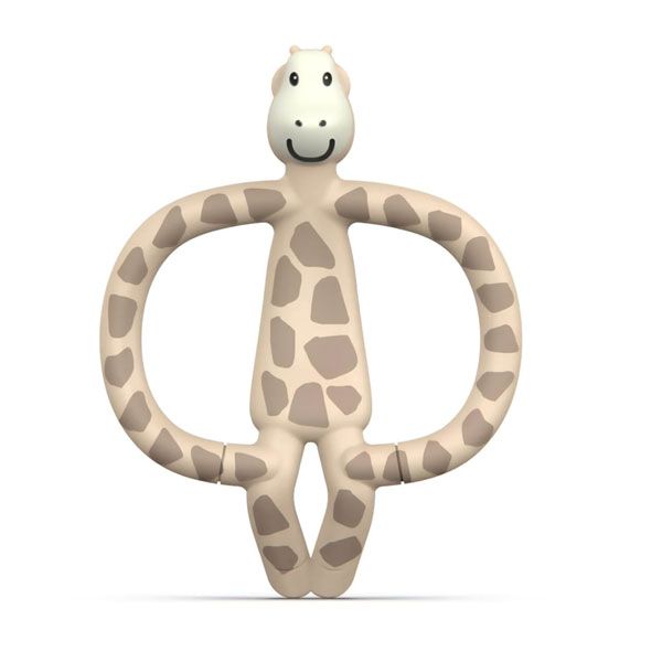 Giraffe anti-microbial teether in tan with dark spots, smiling giraffe with ring handles.