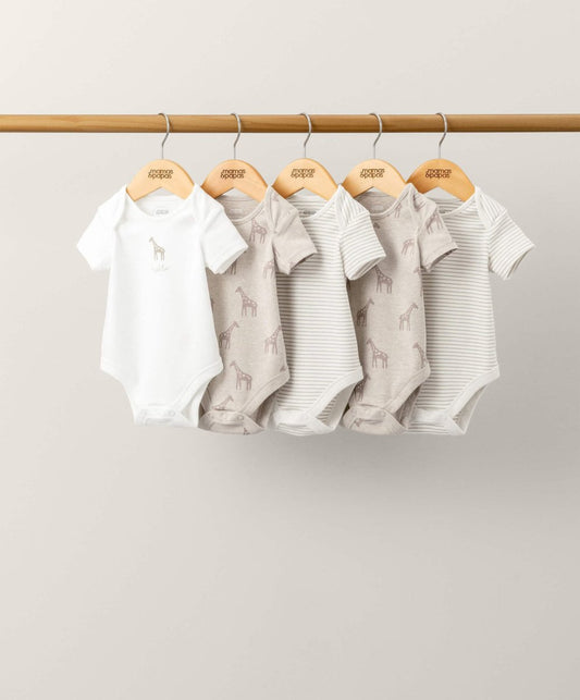 5-pack baby giraffe bodysuits: white, striped, and light gray with giraffe prints