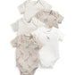 5-pack baby giraffe bodysuits in white, gray, and striped patterns with giraffe graphics