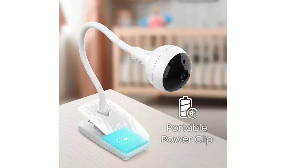 Portable power clip with white cable and small display for baby video monitor setup