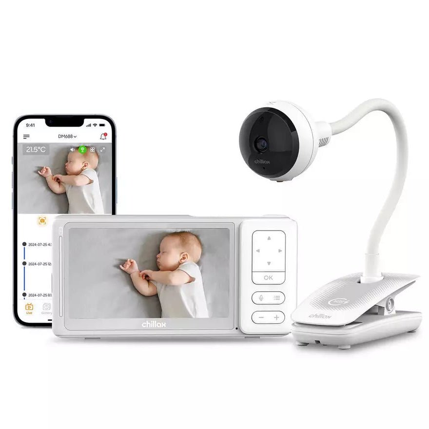 Baby video monitor kit with white camera, parent screen, and smartphone app view