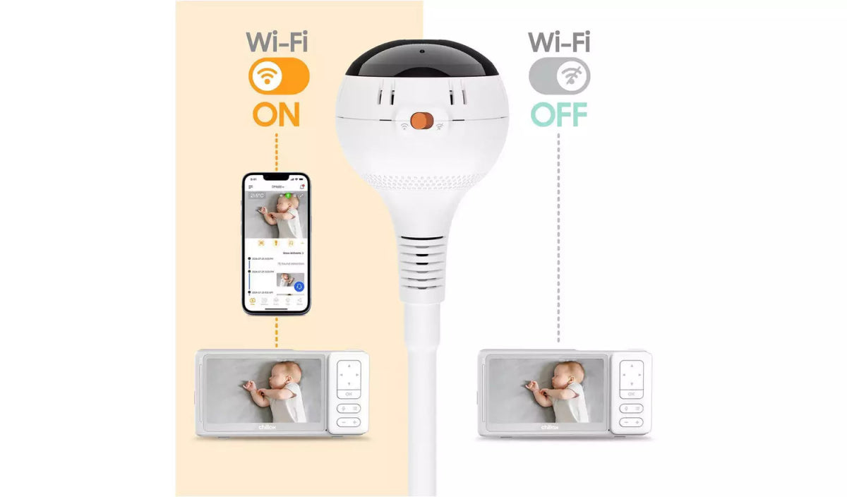 Bulb-style Wi-Fi baby video monitor camera with phone viewing icons
