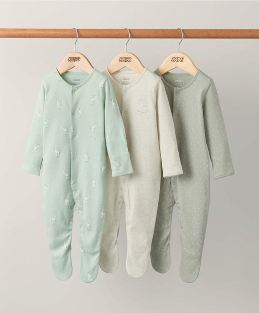 3-pack baby sleepsuits with long sleeves, zip front, allover spot print in mint and grey