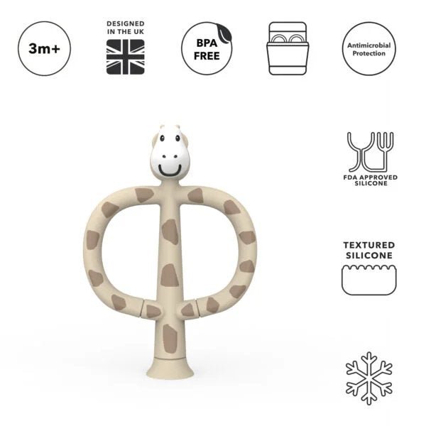 Giraffe training toothbrush with textured silicone bristles and giraffe ring handle